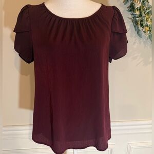 Nine West Burgundy Women’s S Blouse  Ruffle Sleeves Button Closure Back Of Neck